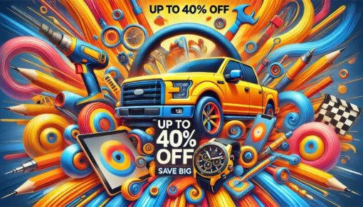 advertisement banner offering discounts up to 40 off. The ad showcases a variety of items including a steering wheel a yello